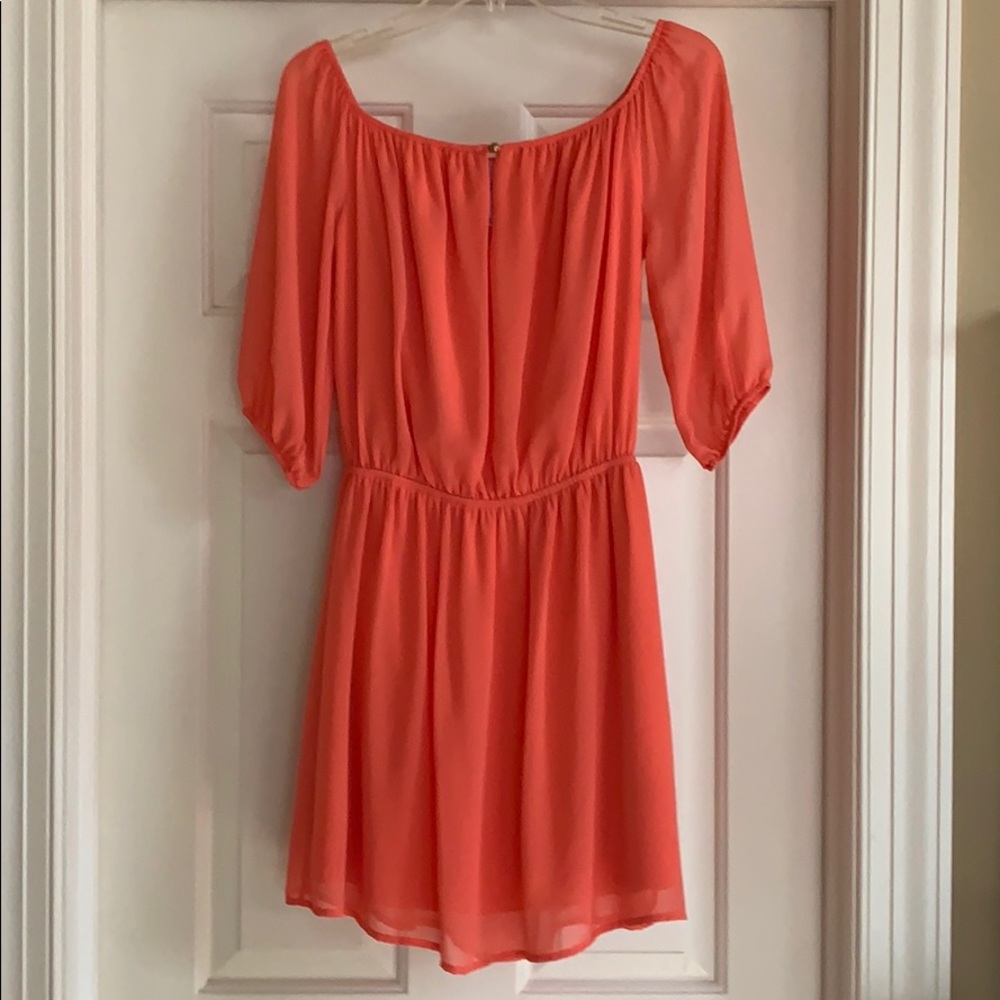 Salmon off the shoulder dress